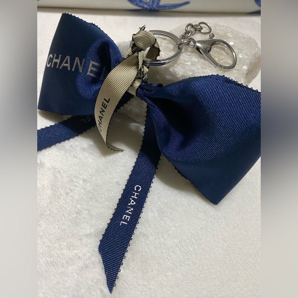 Chanel Dark Blue And Beige Bow Keychain
